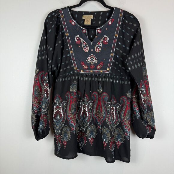 Art And Soul Top Women Small Black Red Paisley Split Neck Long Sleeve Tunic Boho - Picture 1 of 7